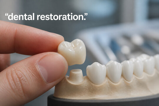 A hand holding a dental restoration model on a jaw replica in a clinical setting.