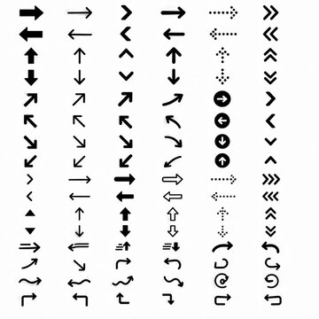 Set of various black arrow icons for navigation and design isolated on white background