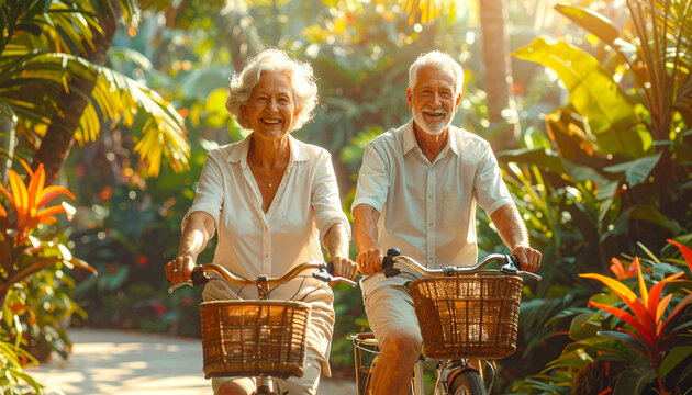 Happy Active Senior Couple Riding Bicycles Together in a Lush Tropical Garden During Golden Hour