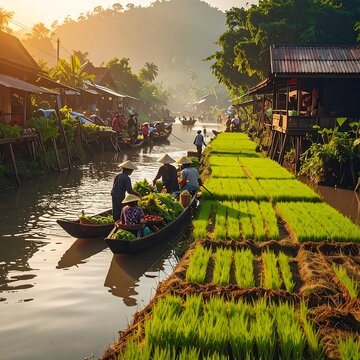 Floating Market with Traditional Thai Farmers and Rice Seedlings.