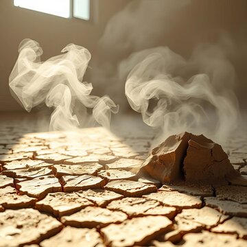 Textural interplay of cracked earth and ethereal wisps of mist, bathed in the crisp glow of a high-key studio setup,  erde, afrika