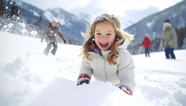 Joyful Little Girl Laughing and Playing in Fresh White Snow with Mountain Background in Winter