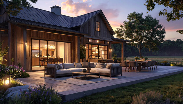 Luxury Modern Rustic Farmhouse Exterior with Spacious Stone Patio and Cozy Lounge Area at Sunset