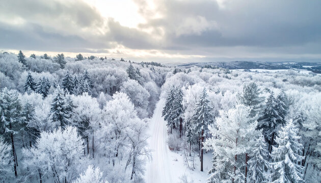 Aerial View of a Snow Covered Forest Road with Frosty Trees under a Dramatic Winter Sky at Sunrise