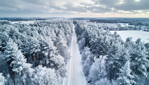 Aerial High Angle View of Straight Road Passing Through a Snow Covered Winter Pine Forest at Daytime