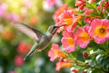 Obraz premium Hummingbird hovering near bright pink flowers sipping nectar in sunny garden.