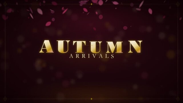 Autumn arrivals elegant gold text animation with falling leaves on dark burgundy background