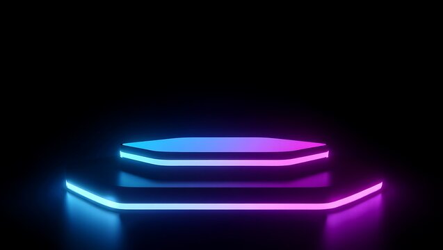 Futuristic geometric platform stage illuminated with vibrant neon blue and purple glowing lights on a dark background for product display