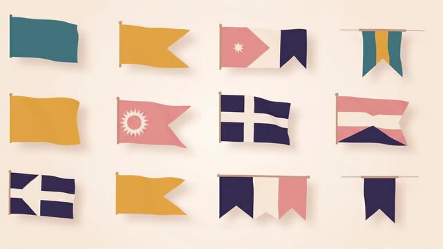 Set of Colorful Decorative Geometric Flag Icons Featuring Various Shapes and Minimalist Patterns for Creative Design Projects