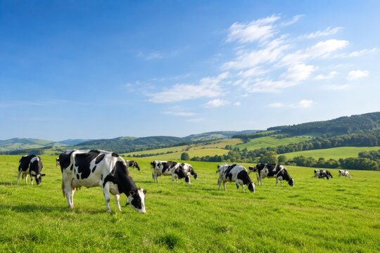 Herd of Holstein dairy cows grazing on green rolling hills under sunny sky.