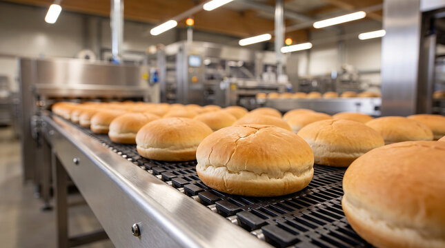 Fresh burger buns on automated conveyor belt, macro close up shot, moving along production line, in commercial bakery factory, industrial food photography