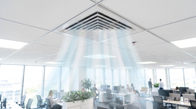 Ceiling air vent diffuser unit, with visible cold air flow rays, blowing wind downward, in modern open office interior, HVAC technology photography