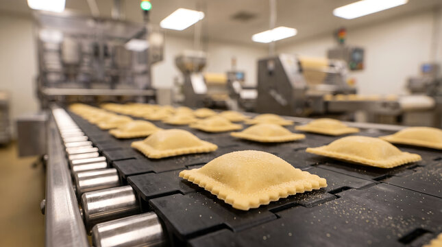Fresh raw ravioli pasta, with crimped edges on black conveyor belt, moving through automated processing line, in modern food factory, industrial food production photography