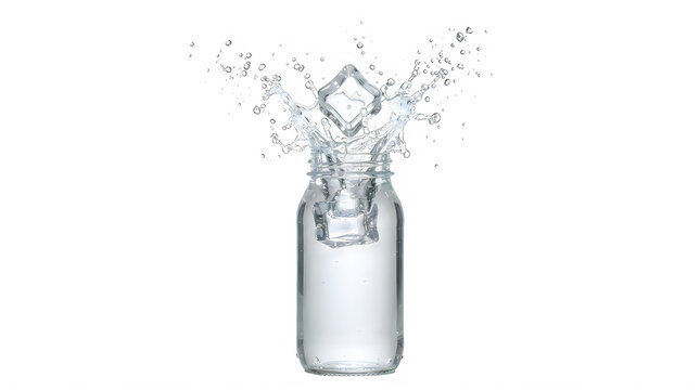 Clear glass jar with splashing water and ice cubes inside