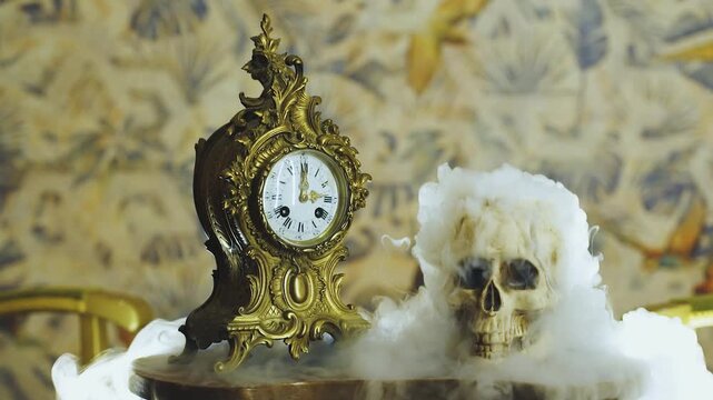 Clock stands beside a human skull on a wooden table surrounded by white fluffy cotton clouds as a symbolic representation of time passing and the inevitable nature of mortality in a vintage interior.