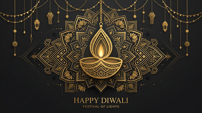 Elegant golden diya lamp with intricate mandala patterns and hanging decorations on a dark black background for the traditional indian festival of happy diwali