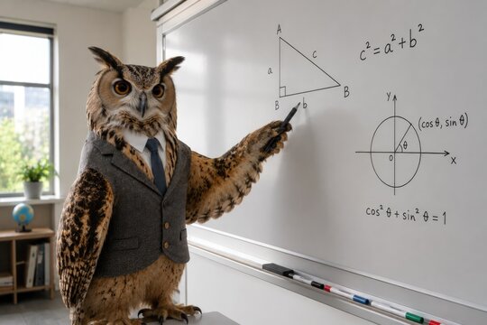 Owl Professor teaching and writing math formula on whiteboard