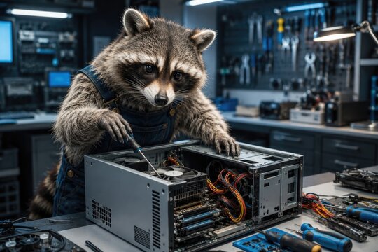 Raccoon Computer Technician repairing computer motherboard in workshop