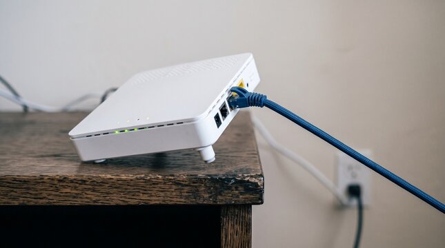 White wireless modem router on wooden table with blue ethernet cable connected.