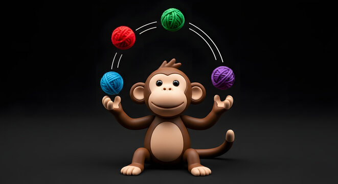 Cartoon Monkey Juggling Colorful Balls in a Playful 3D Render.
