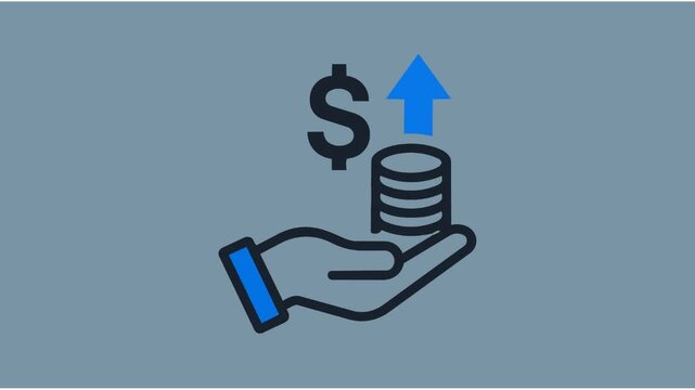 Hand holding a stack of coins with an upward arrow illustrates the concept of financial support and personal wealth management for individuals.
