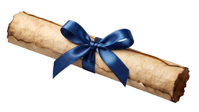 Rolled parchment scroll tied with a blue satin ribbon, isolated on transparent background
