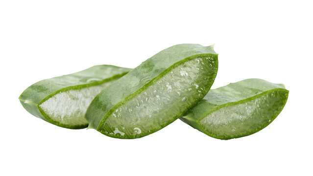 Fresh green aloe Vera slices with juicy pulp, isolated on transparent background 