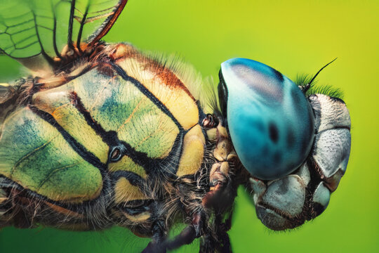 Extreme macro close up portrait of dragonfly head with blue compound eye on green background