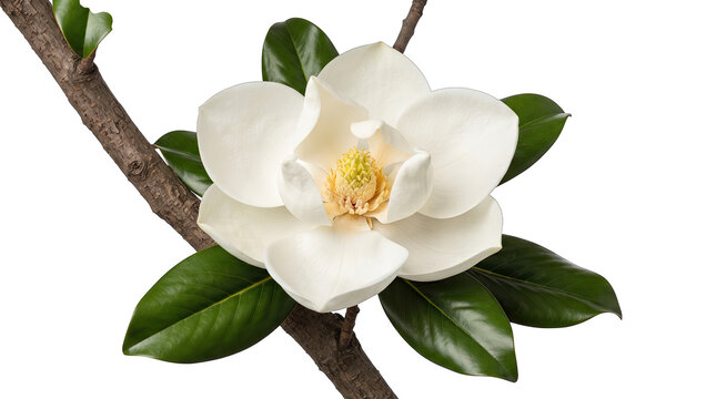 Beautiful white magnolia flower on a branch isolated as a high quality transparent background png image file
