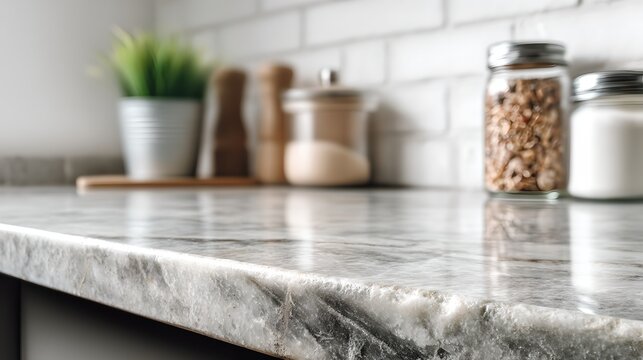 A clean kitchen counter with a marble countertop, showcasing jars filled with food ingredients and a potted plant in the background. The subway tile backsplash adds a modern touch to the home setting