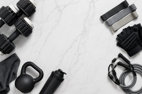 Kettlebell with resistance bands jump rope and yoga mat on marble
