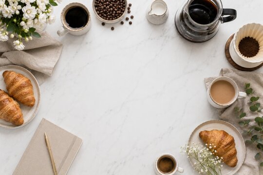 Fresh croissant with French press coffee notebook and eucalyptus on marble