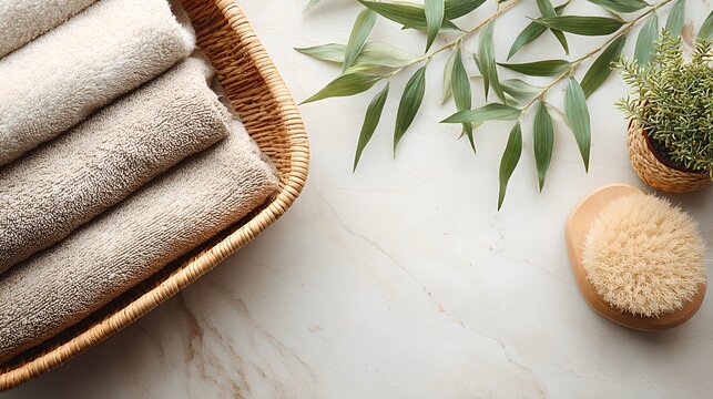 Soft, folded towels in a woven basket, accompanied by a natural brush and green foliage, arranged on a marble surface.