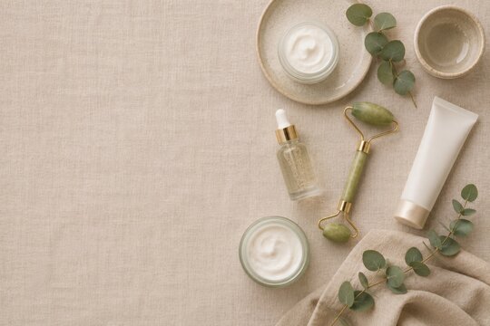Aesthetic luxury beauty and skincare collection with makeup perfume serum jade roller brushes candle and flowers on beige linen fabric