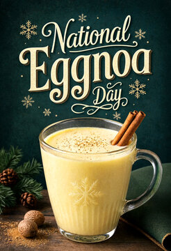 Delicious warm eggnog with cinnamon stick and festive decorations for national eggnog day celebration