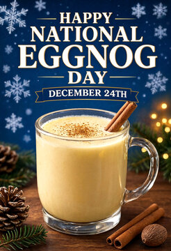 Delicious warm eggnog with cinnamon stick in a glass mug for national eggnog day celebration