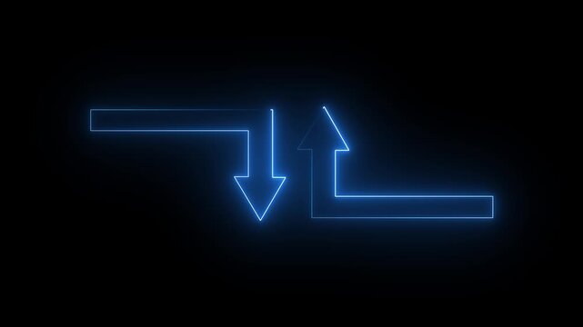 Glowing neon blue color direction up and down arrow icon animation road signal information position sign symbol on black background. 4k animation.