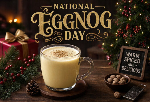 Delicious warm spiced eggnog in a glass mug with christmas decorations and festive holiday vibes