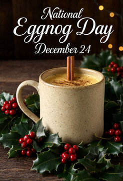 Festive eggnog in a ceramic mug with cinnamon stick and holly for national holiday celebration