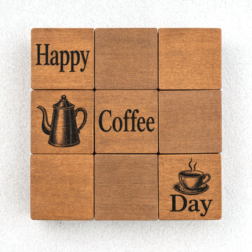 Vintage wooden tiles with happy coffee day message and illustrations perfect for coffee lovers