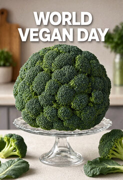 Large fresh green broccoli displayed on a cake stand for world vegan day celebration concept