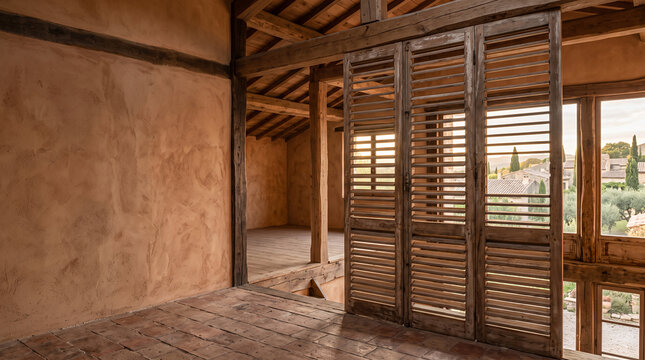 Rustic mediterranean interior with wooden shutters and village view