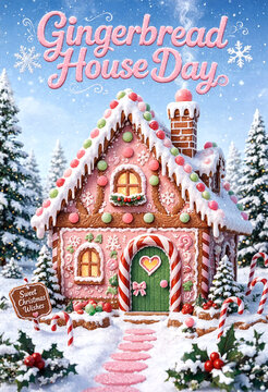 Whimsical gingerbread house with candy decorations surrounded by snowy christmas landscape scene