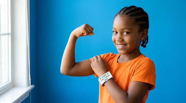 Young girl flexing bicep wearing health tracking wristband.