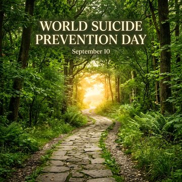World suicide prevention day sign with a stone path leading into a bright green forest