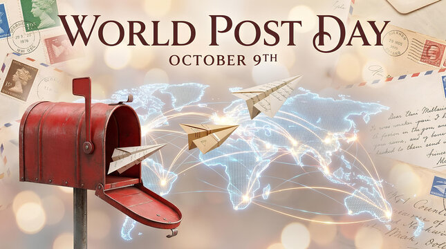 World Post Day concept with red mailbox and map.