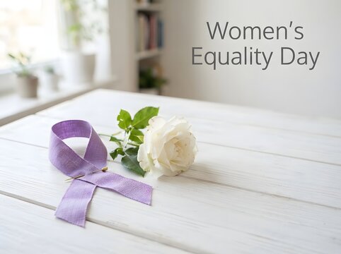 Purple ribbon and white rose on a wooden table for women equality day celebration