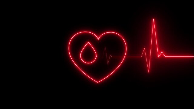 Red Neon Glowing Heart with Blood Drop and EKG Pulse Line Animation, black background..