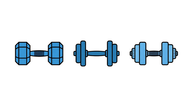 Set of three blue dumbbells on white background