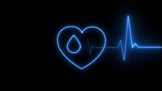 Red Neon Glowing Heart with Blood Drop and EKG Pulse Line Animation, black background..